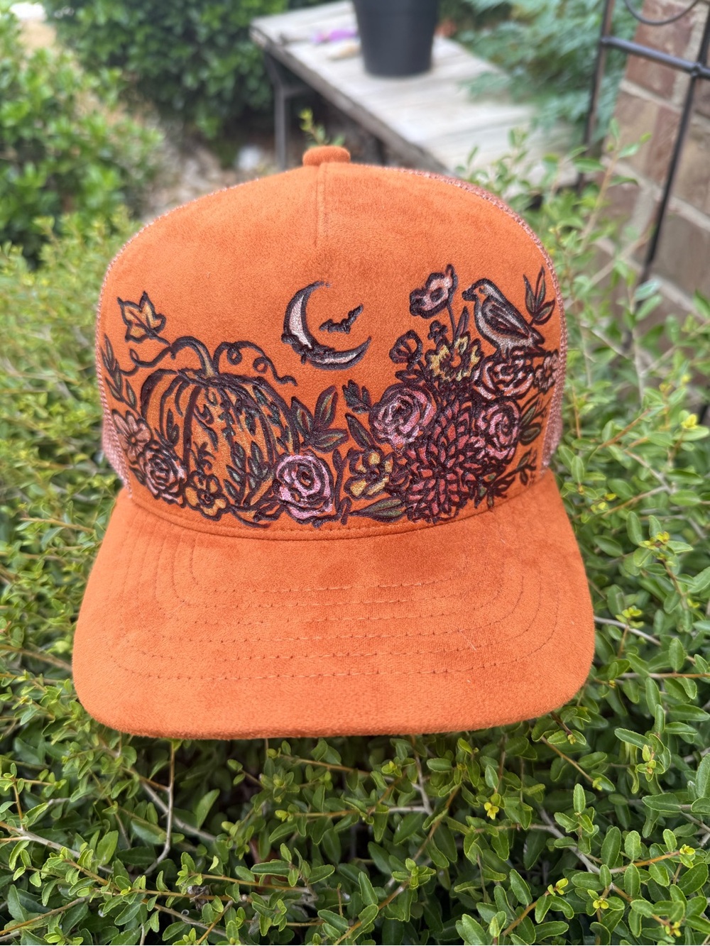 Burnt Orange Suede Floral Pumpkin Trucker Hat- Hand Burned/Painted